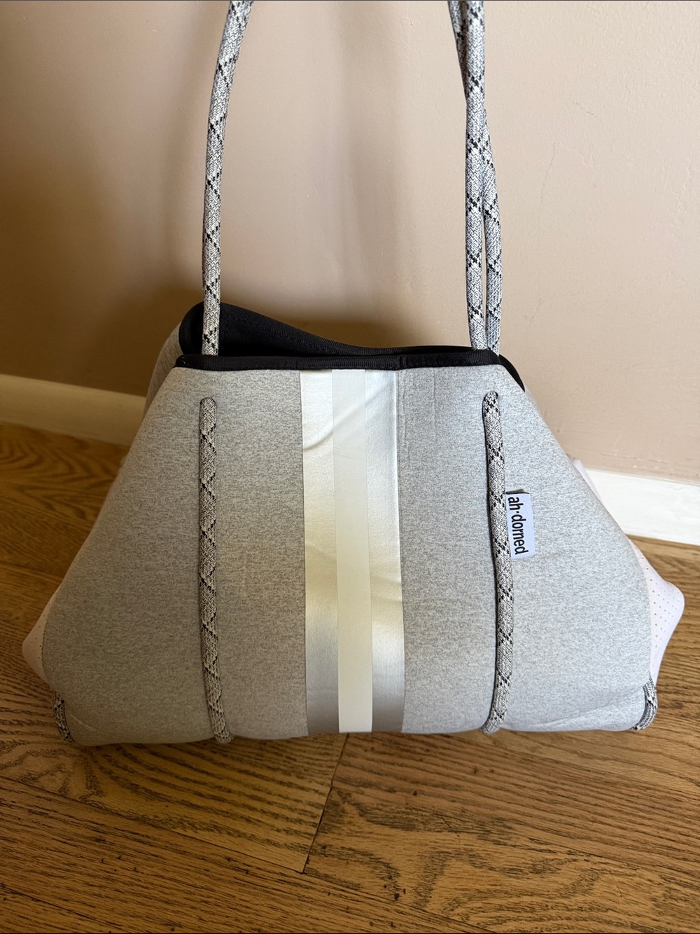 Large Ah-Dorned Neoprene Gym/Travel/Tote with White/Silver Stripe, Like New